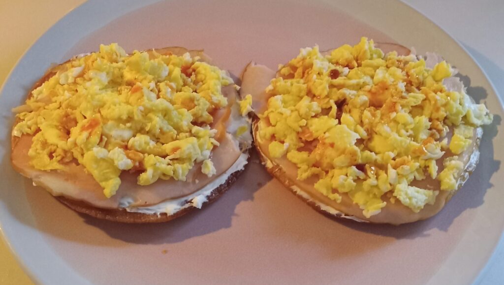 turkey & cream cheese tostadas, breakfast turkey tostadas, cream cheese tostadas, Southern breakfast recipes, easy breakfast ideas, scrambled eggs tostadas, honey turkey tostadas, corn tortilla breakfast, best breakfast tostadas