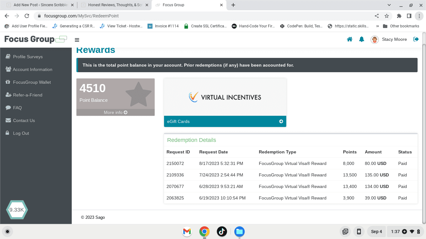 earnings proof from my account on focus group member panel