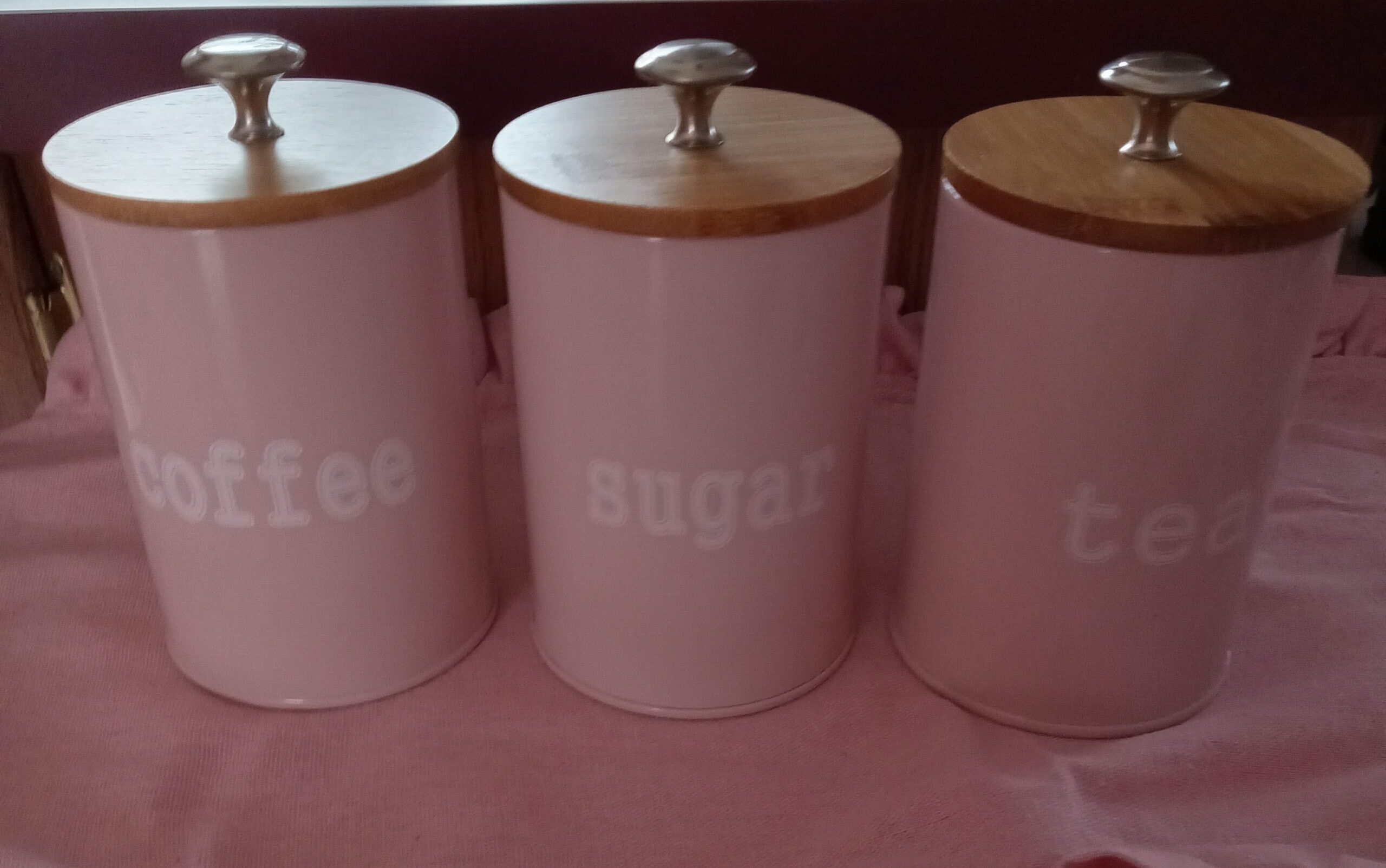 Pink Tin Canister Set kitchen storage small kitchen canisters Coffee Tea Sugar canisters bamboo lids compact canisters stylish kitchen storage pink canisters durable tin canisters kitchen organization