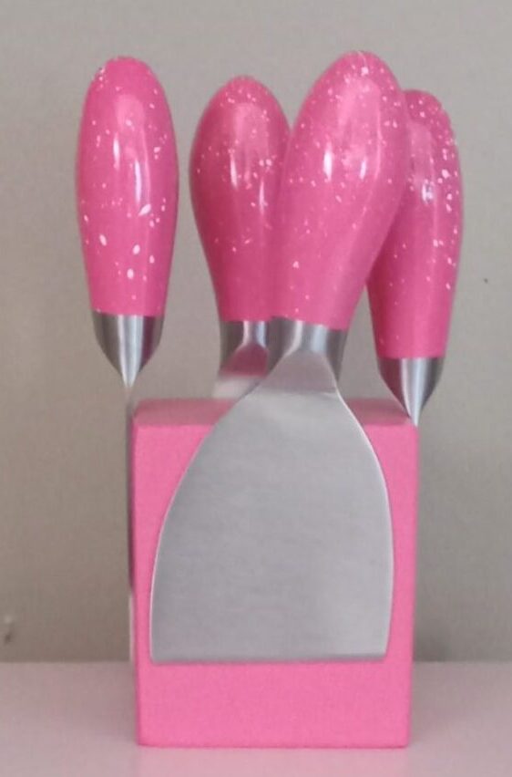 Pink Speckled Cheese Knife Set pink cheese knife set cheese charcuterie set stainless steel cheese knives pink kitchen decor magnetic knife block hot pink kitchen accessories cheese knife set with block kitchen decor for cheese lovers stylish cheese knives functional cheese knife set