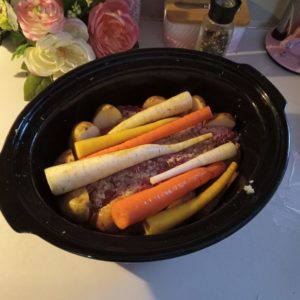 slow cooker pot roast with potatoes & rainbow carrots