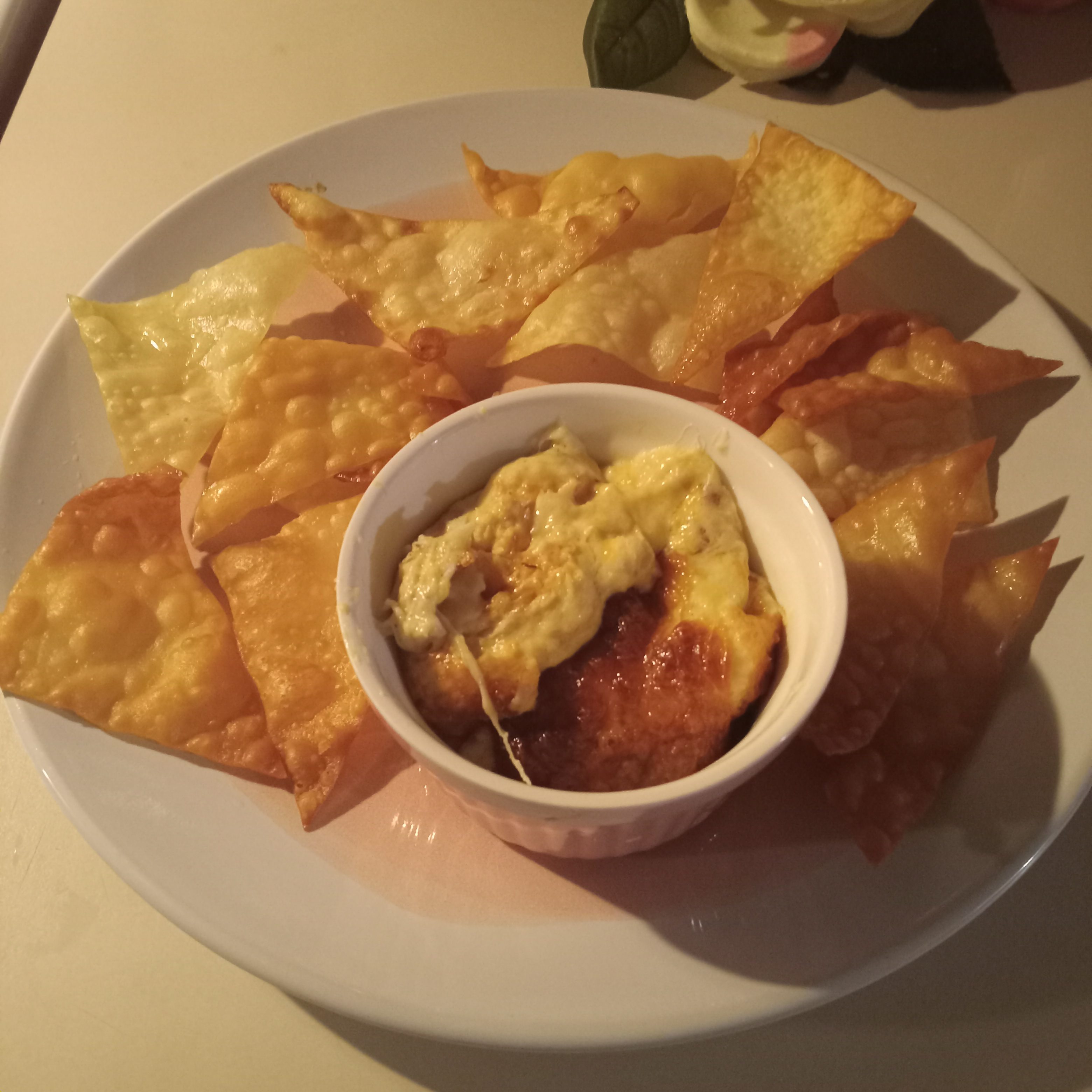 Homemade Cheesy Crab Dip with Fried Won Ton Chips