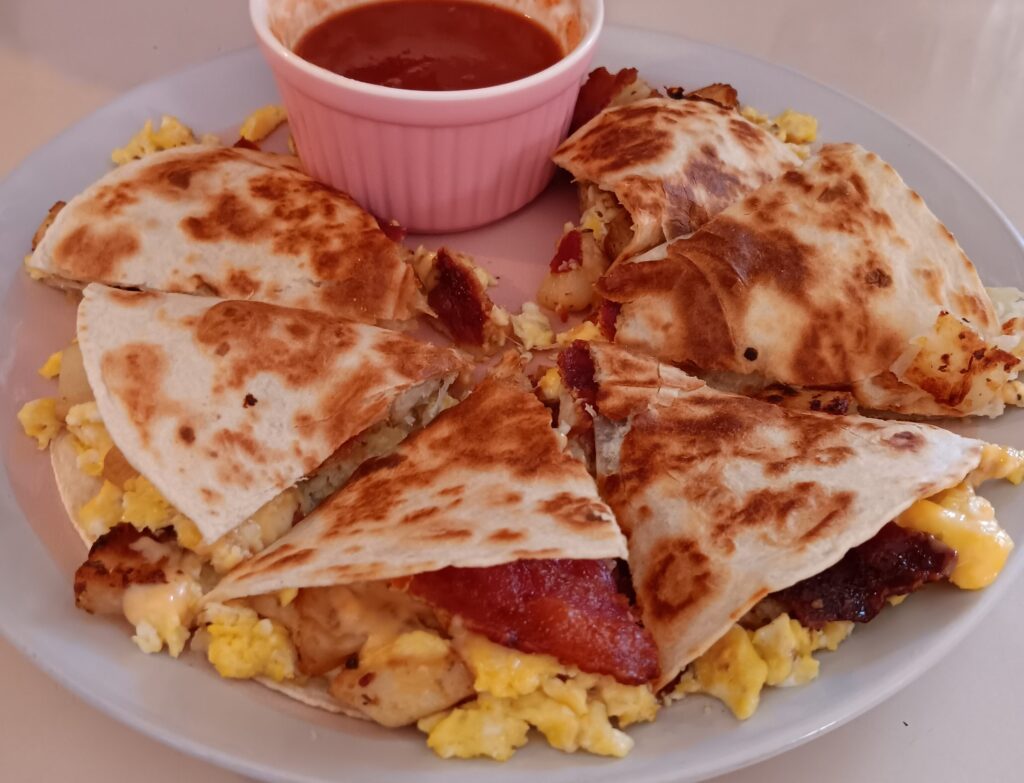 Bacon Egg Potato Cheese Quesadilla, Tex-Mex breakfast recipe, Southern breakfast ideas, Easy quesadilla recipe, Breakfast quesadillas, Cheesy bacon quesadilla, Comfort food recipes, Breakfast ideas with bacon, Fluffy scrambled eggs recipe, Fried potato recipes