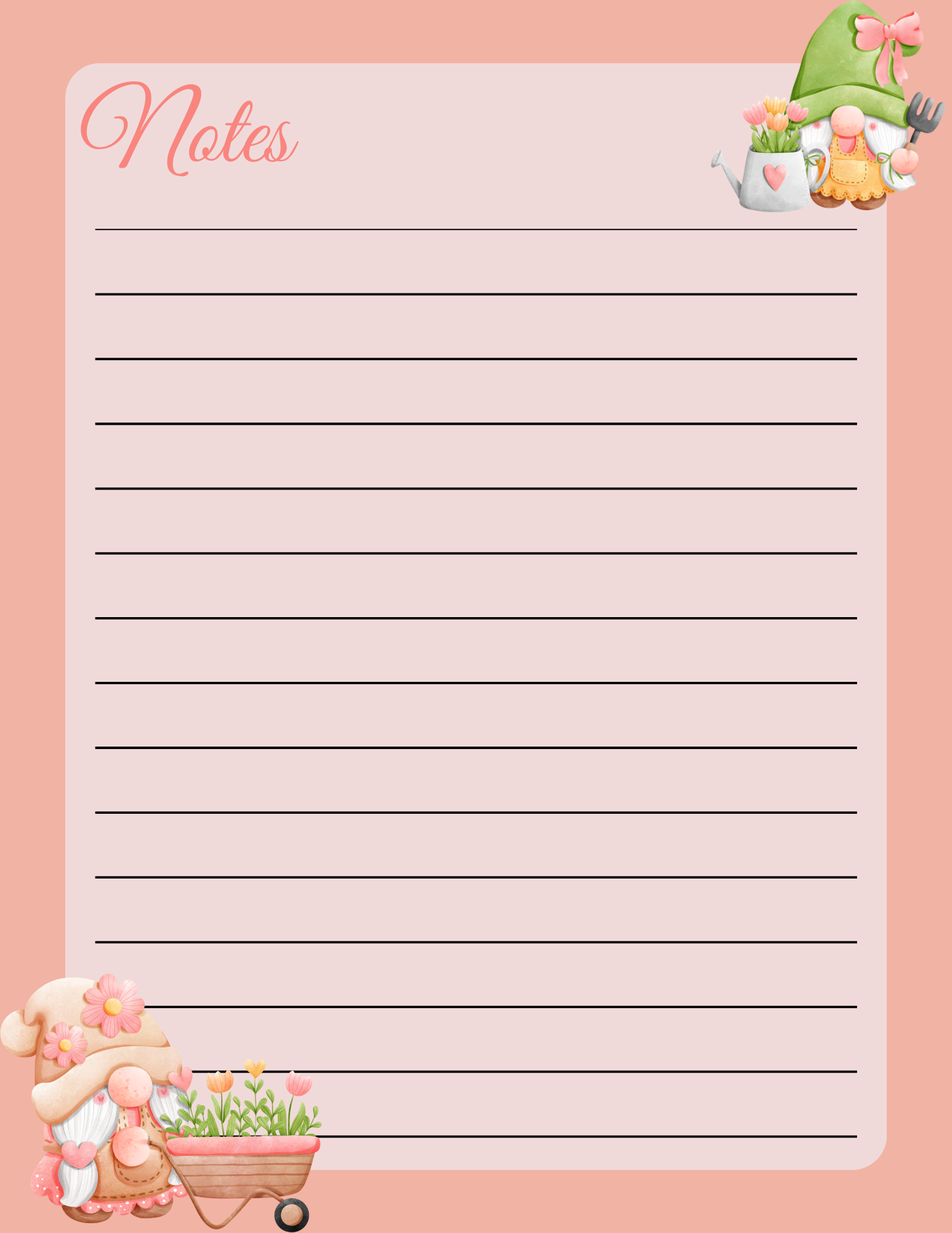 Free printable pink floral gnome lined paper featuring a cute gnome holding a watering can of flowers in the top right corner and a gnome with a wheelbarrow of flowers in the bottom left corner